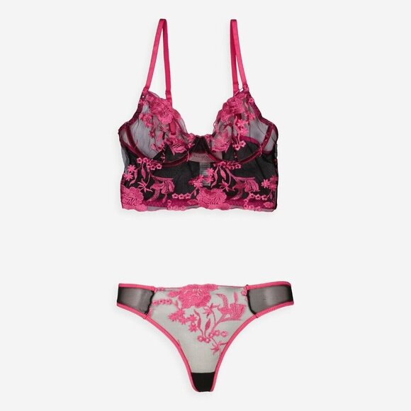 Bed of Roses Black Pink Floral Bra Thong Set S - Picture 2 of 6